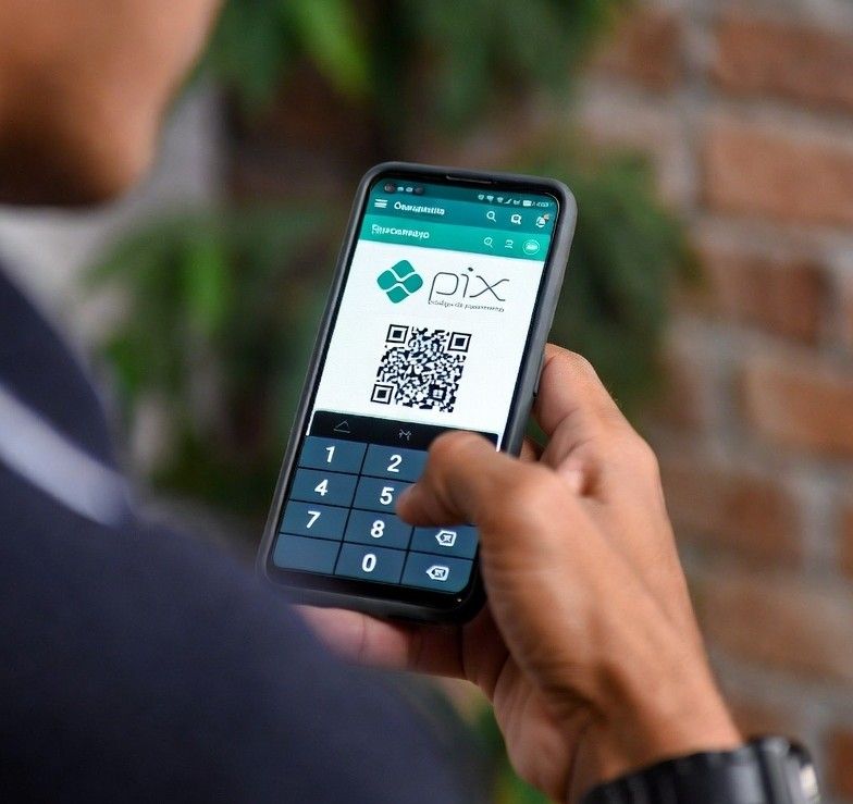 Brazilian bettor using a smartphone with PIX payment screen