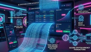 An online gambling dashboard with blockchain visual overlays — digital ledgers, smart contract icons, and secure cryptocurrency transactions illuminating a casino interface.