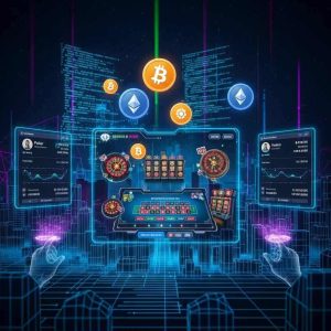 A futuristic online casino interface powered by blockchain, glowing digital tokens floating, transparent smart contract code overlays, neon cyberpunk style, players using crypto wallets, high-tech decentralized environment.