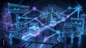 A futuristic blockchain gaming environment where digital items labeled as “harvested MM2 assets” float in a decentralized network, with glowing nodes, trade connections, and virtual marketplaces symbolizing ownership and value exchange in a digital economy