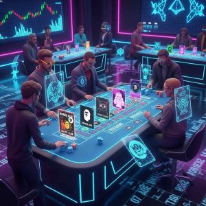 A digital casino scene featuring NFT collectibles as betting chips, holographic art cards, glowing blockchain grids, futuristic avatars trading assets