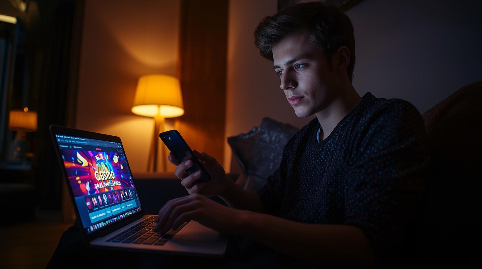 Young gamer explores blockchain casino rewards through laptop during relaxed evening indoors.