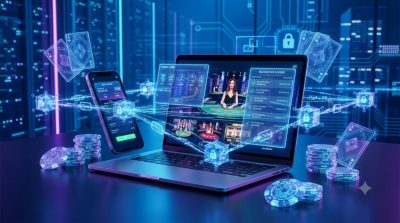 A modern digital illustration of blockchain technology integrated with online casino gaming, featuring glowing blockchain nodes connected to a secure online gambling platform displayed on a laptop and smartphone